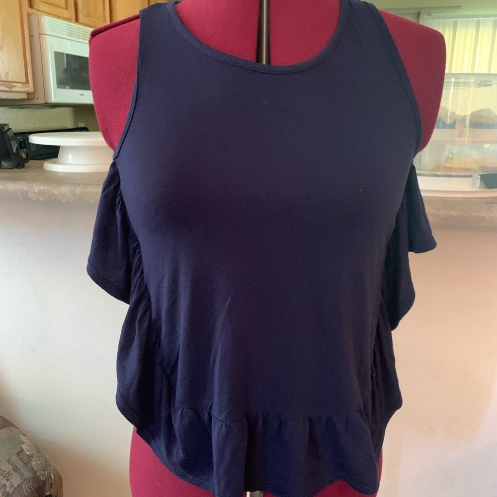 EUC Max Studio blue tank with flirty ruffled sides. Size XS